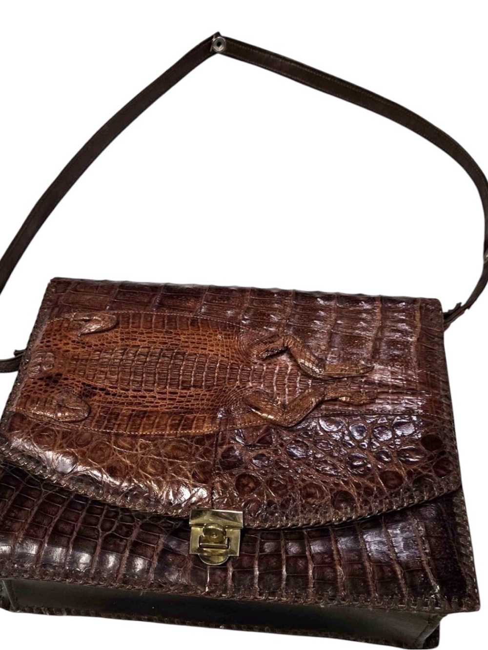 👛 225-Alligator Brown Croc-Embossed Leather Shoulder Bag